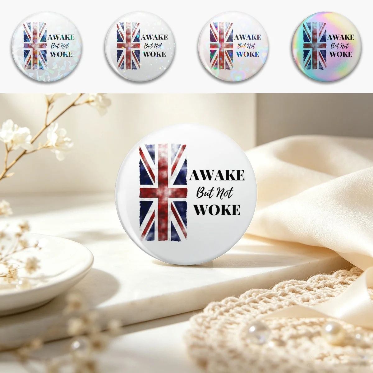 Awake But Not Woke, Anti Woke Culture, Awake Not Woke UK Flag Pin Holographic Star Heart Pin Brooches Laminated Button Fashion A