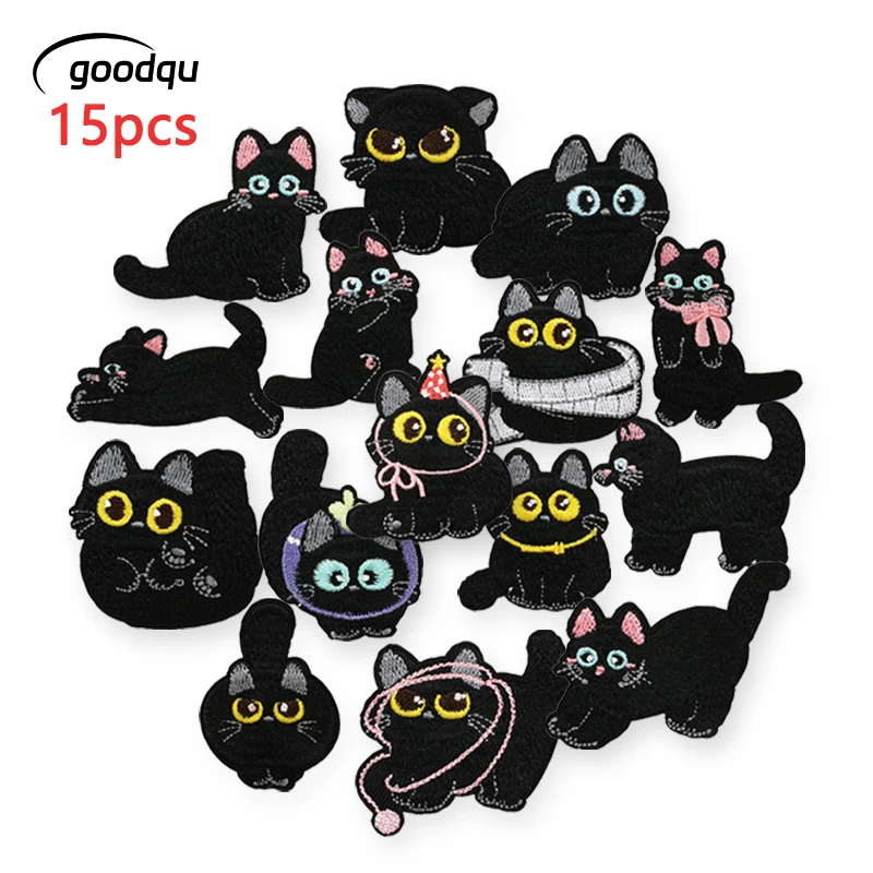 15pcs Anime Cat Patches For Clothing Iron On a Lots Embroidered Patch Sewing Black Diy Kids Stickers Pack Jacket Fabrics Thermal