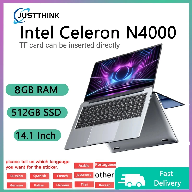 Intel Celeron N4000 Windows 11, 14.1 "Laptops, 6GB de RAM, 512GB SSD, Suporte TF Card Socket, Computadores Portáteis
