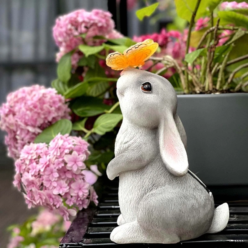 Garden Outdoor Decoration Dog Rabbit with Solar Butterfly Light Garden Figurines for Animal Lover Patio Yard Lawn Porch