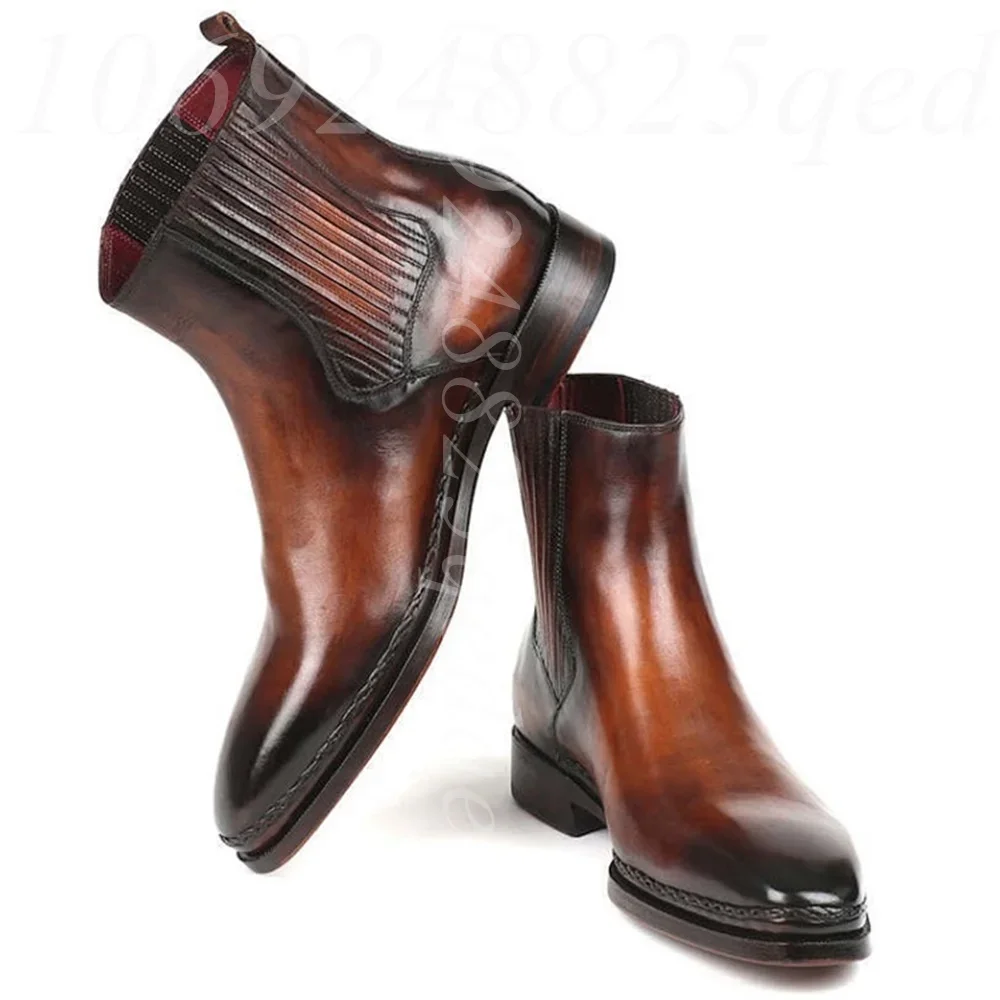 Herren Chelsea Boots in handgeriebenem Braun mit Farbverlauf, spitzer Zehenpartie, elastischem Band, Stiefeletten mit Stiefelettenabsatz und Ziehlaschen, elegante Schuhe
