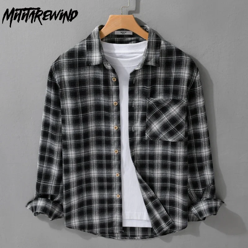 New Fall Winter Shirts Man Japanese Vintage Long Sleeve Plaid Shirt Men Lapel Brushed Shirt Pure Cotton Top Daily Casual Shirts