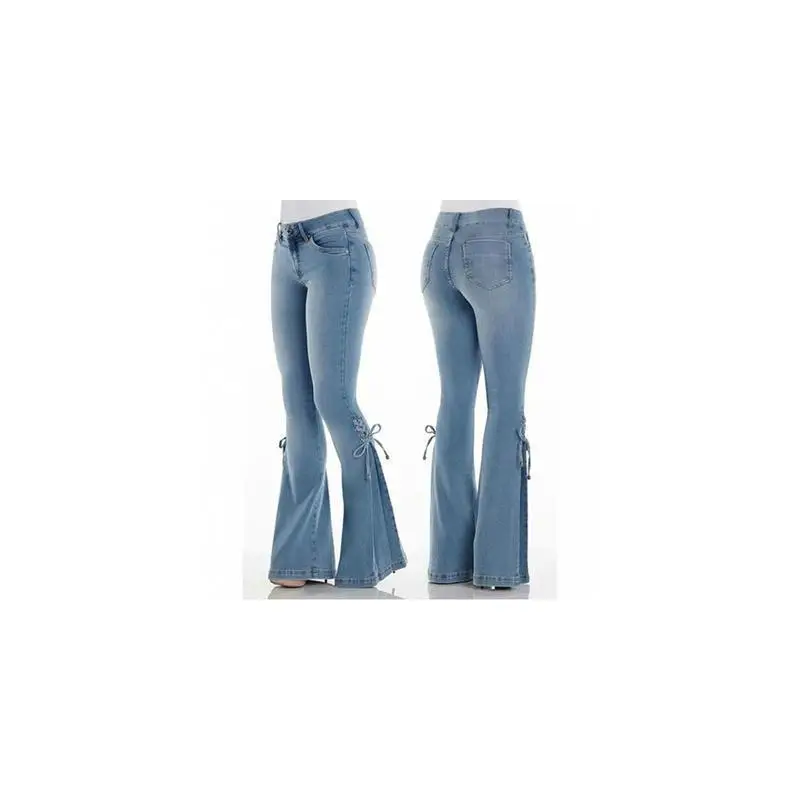 Women's Slim Fit Denim Jeans mid Waist Elastic Knot plus Size Long Pants Flared Legs Autumn Faion Casual Wear