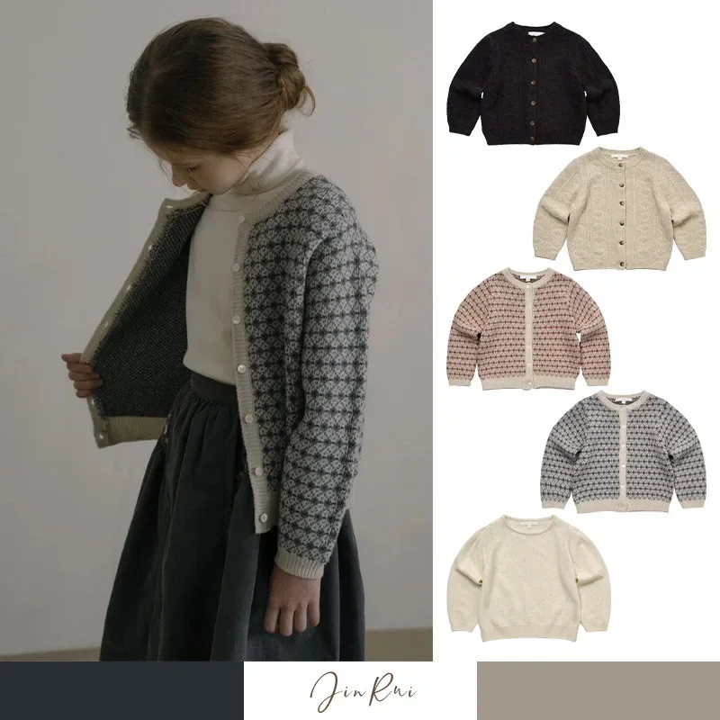 Children's Clothing Cardigan Sweater Winter 2026 Jacquard Fashion Thickened Warm Kids Pullover Wool Cutout Crew Neck Girls Coat
