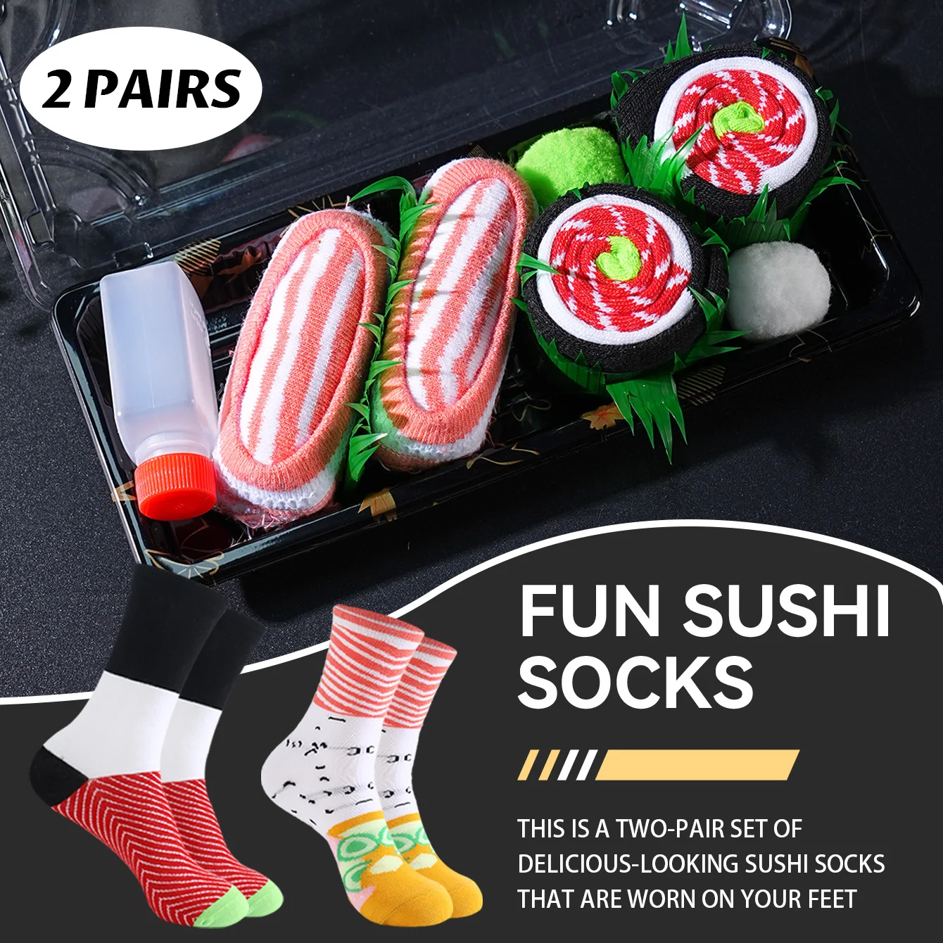 2 Paar mittelhohe Socken für Männer und Frauen, neuartige und lustige bunte Lachs-Sushi-Geschenkbox-Socken, europäische und amerikanische Mode, trendiger Stil, bequem und atmungsaktiv,