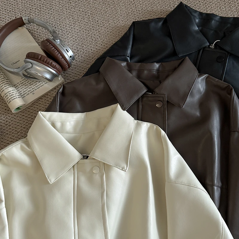 패션 여성 가죽 자켓 레트로 턴 돈 칼라 지퍼 루즈 탑 가을/겨울 방풍 오토바이 소프트 PU 겉옷