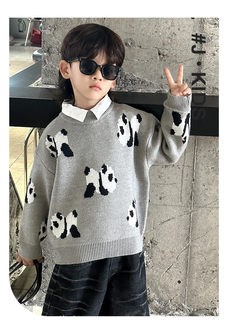 Koreanische Niedliche Kinder-Panda-Pullover mit Cartoon-Drucken, Strickwaren für Jungen, Graue Panda-Kostüme, Kinder-Strickkleidung für Alter 2 3 5 7 9 11 Jahre – Detail 6