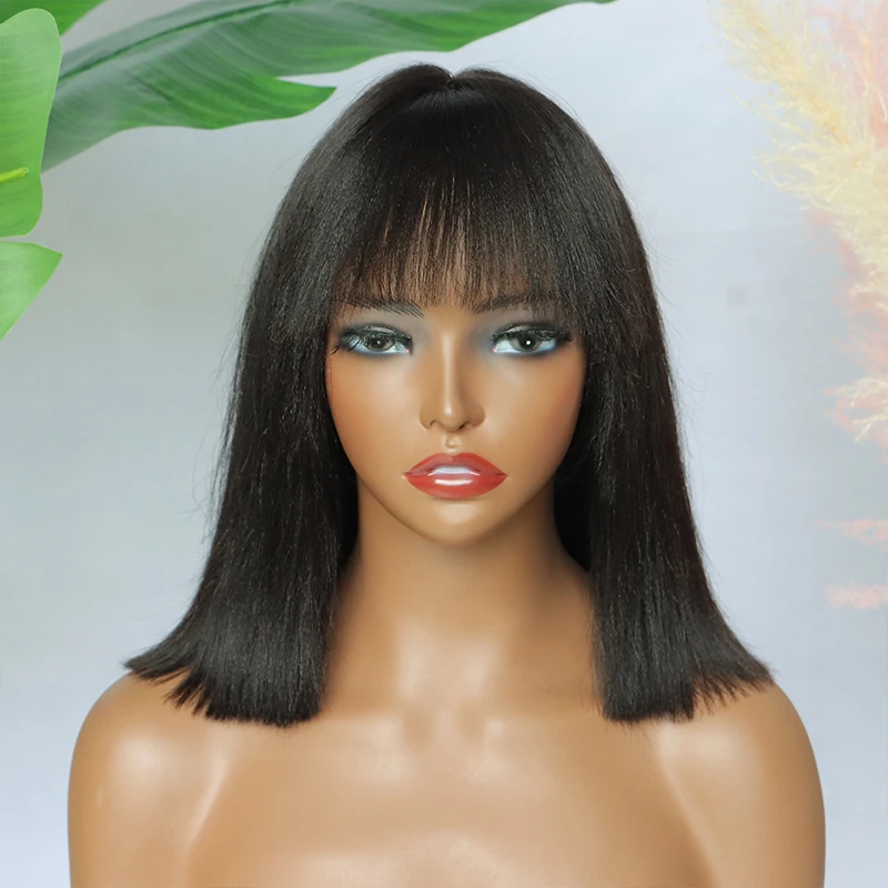 Yaki Straight Short Bob Wig With Bangs Human Hair Glueless 4x1 Fringe Middle Part Bob Lace Wigs Realistic Scalp Vietnamese Hair