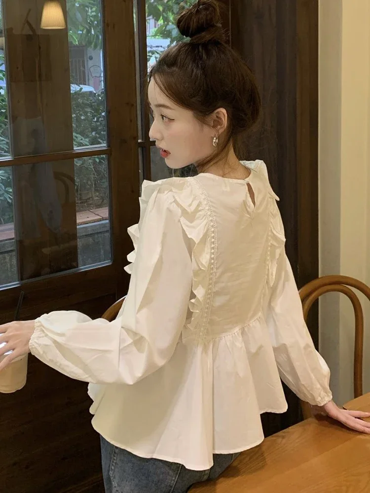 Ruches Zoet Wit Shirt Vrouwen Losse Koreaanse Mode Lange Mouw Blouse Casual Leuke O Hals Ontwerp Vrouwelijke Preppy Stijl Tops