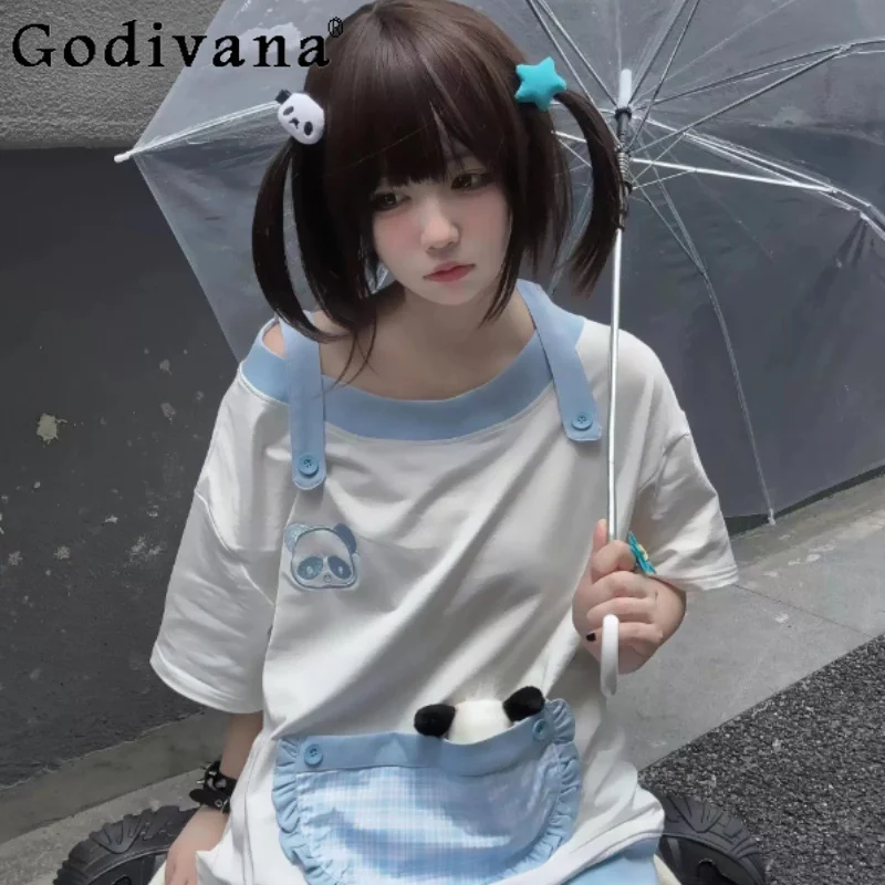 

Japanese Cute Sweet Embroidery Blue Off-the-shoulder T-shirt Fashion Age Reduction College Versatile Summer Short Sleeve Tops