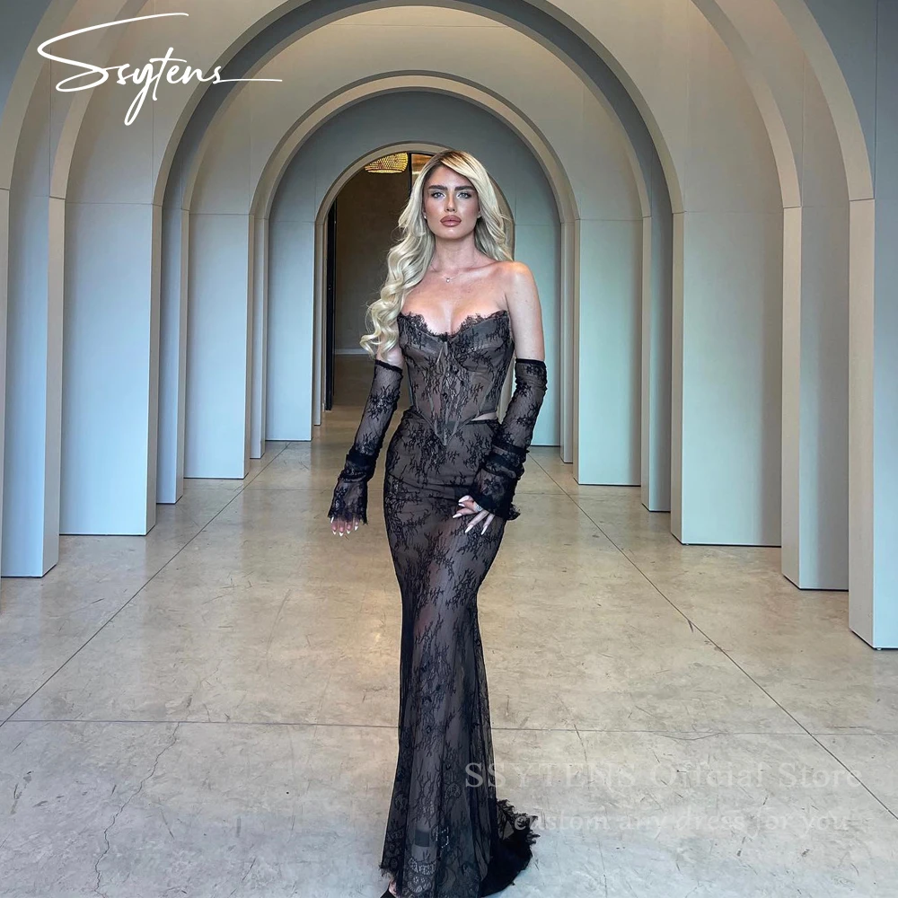 

SSYTENS Open Back Evening Dresses Long Sleeves Customized Sexy Mermaid Black Full Lace Dress Party Night Birthday Outfits Women