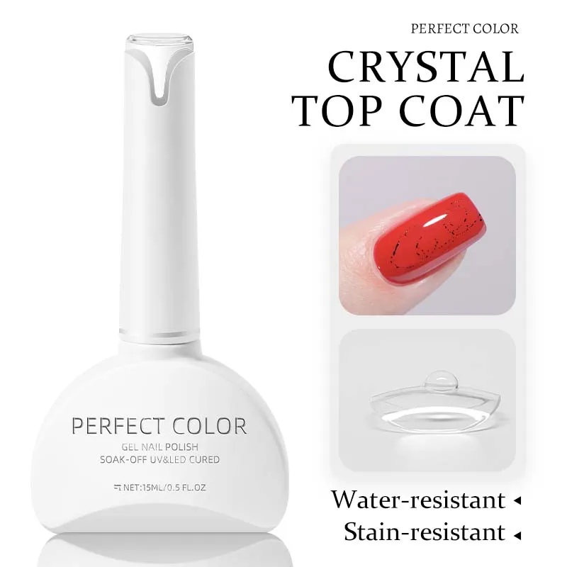 PERFECT COLOR Crystal Top Coat Gel 15ml High Gloss Clear Top Coat Water Resistant Stain Resistant Soak Off Gel Polish Protective Finish for Nail Art Manicure UV LED Lamp Cure Long Lasting