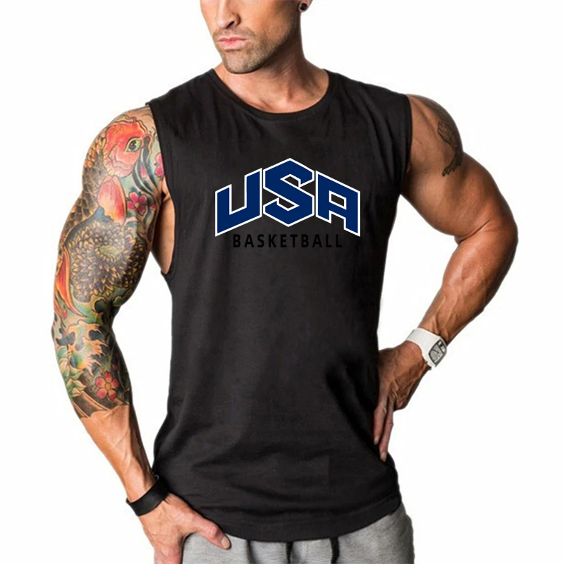 Summer Men USA Basketball Letter Printed O-neck Cotton Sports Tank Tops Arc hem Sleeveless  Gym Clothing Muscle Vests T Shirt