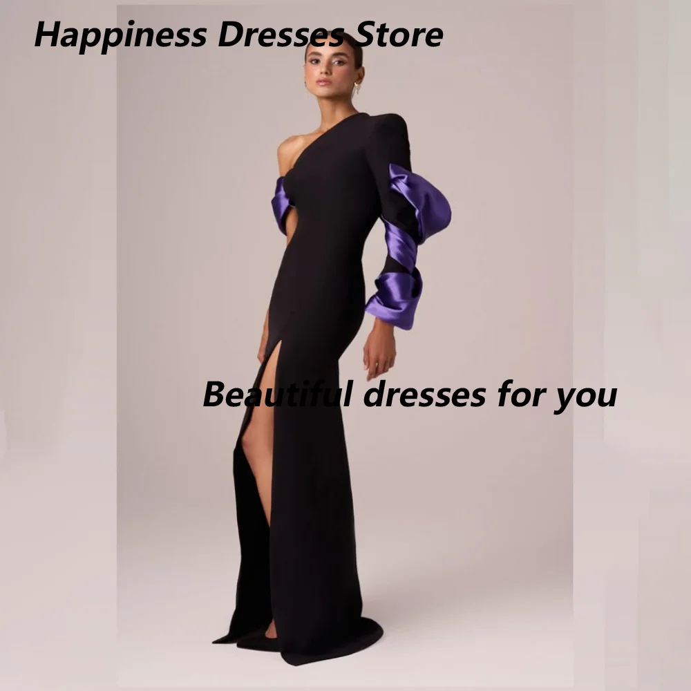 Customized Black Ruffle Sleeve Mother Of The Bride Gown One Shoulder Purple Satin Side Split High Split Mermaid Formal Dress