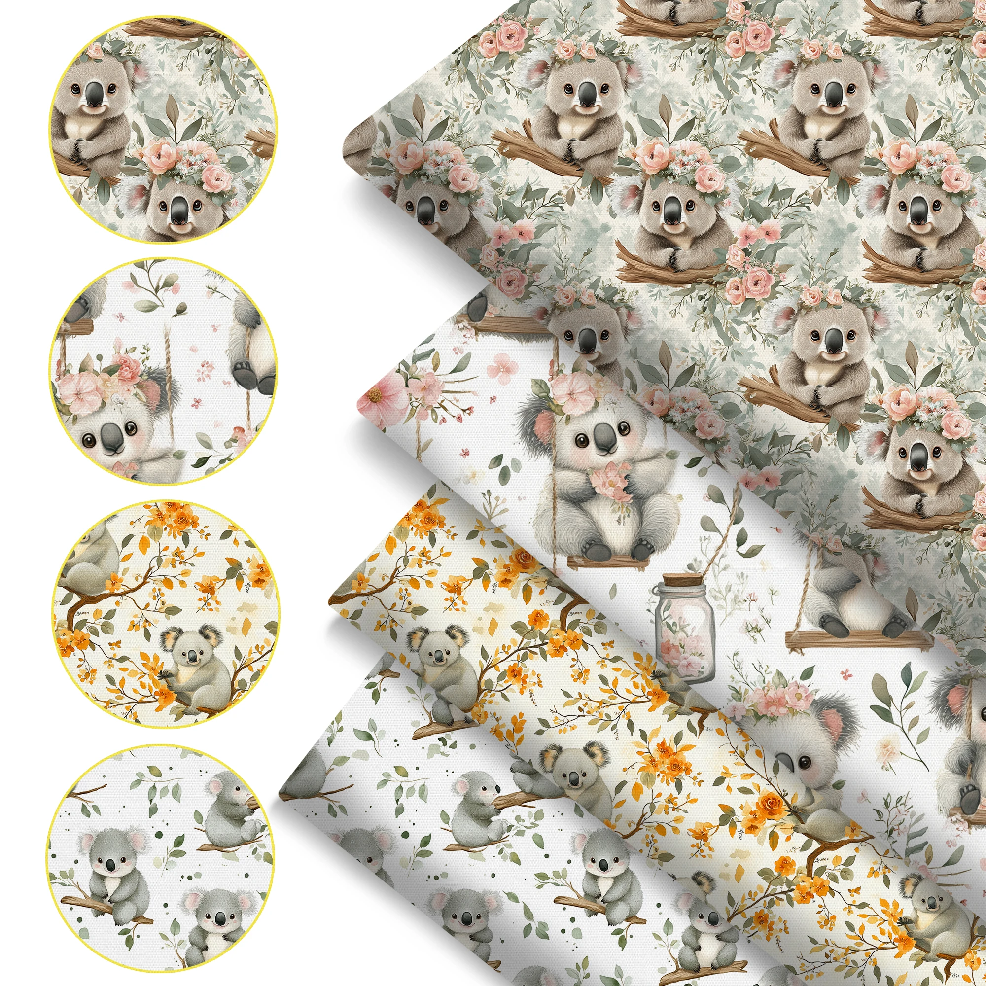 Pre-cut 4Pc/set 7.87x7.87/19.68x17.7inch Koala series Precut Quilting Fabric Fat Quarter Fabric Bundle, Polyester Quilting