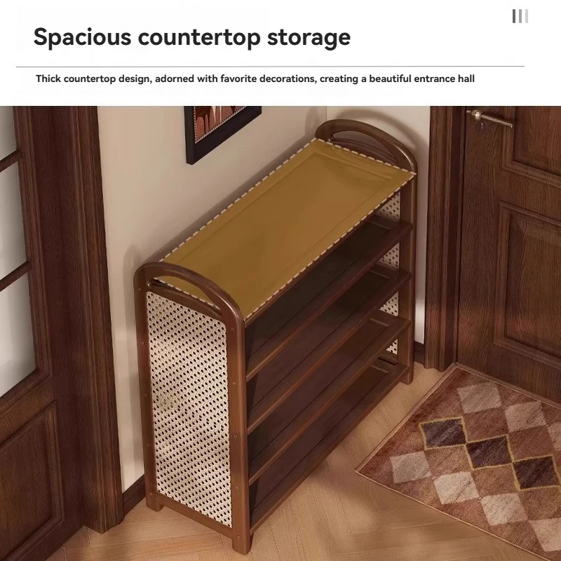 Multi layer shoe rack, retro style rattan woven simple home door shoe cabinet, large capacity storage rack for entrance doors