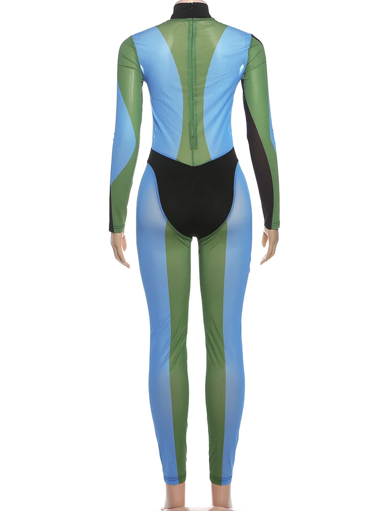 จั๊มสูทพิมพ์ลายสีสันสดใสเซ็กซี่ของซิสเตอร์ลินดา ผู้หญิง ใส่ได้ทั้งแบบซีทรูและแบบปกติ  ผ้าสแปนเด็กซ์รัดรูป  ชุดออกกำลังกาย  ชุดฮิปสเตอร์  ชุดเที่ยวกลางคืน