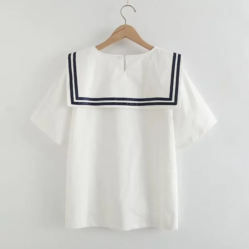 Summer Women White Shirts Sailor Collar Loose Blouses Short Sleeve Lady Tops Female Clothes