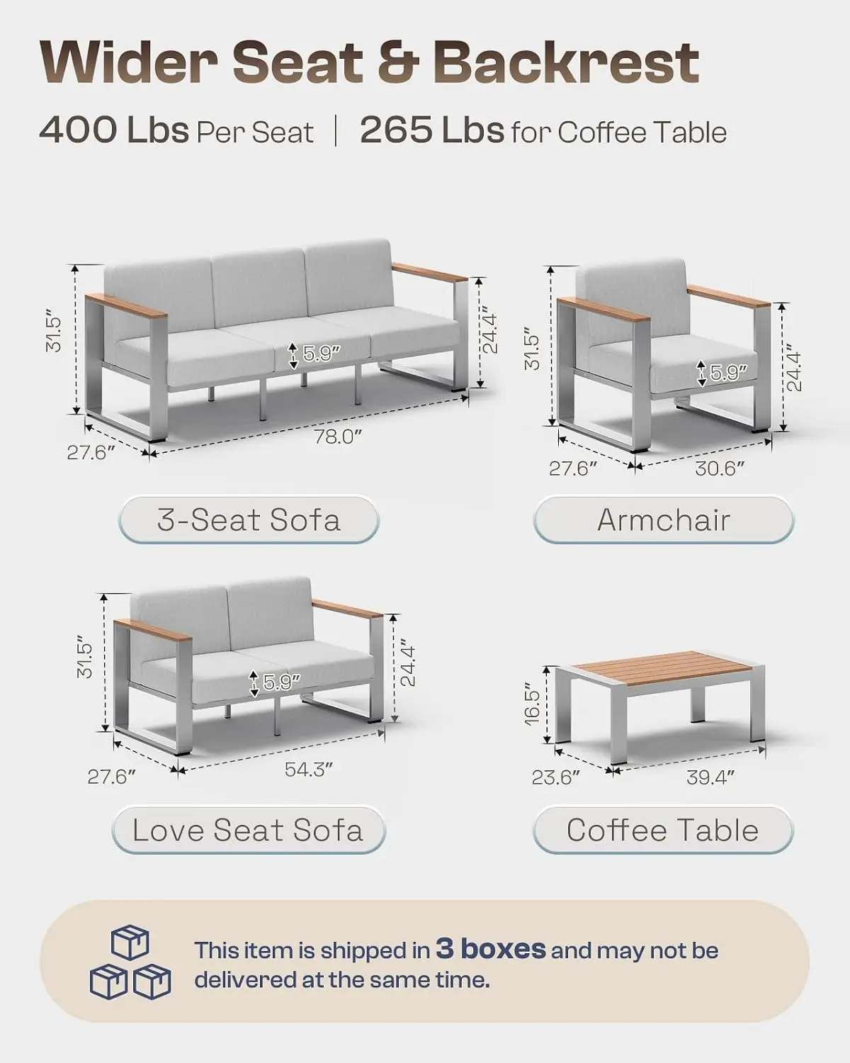 Outdoor Aluminum Armchair 2pcs Modern Patio Furniture Wide Seat Thick Cushion All-Weather Oversized Sofa Deck Porch, Customized