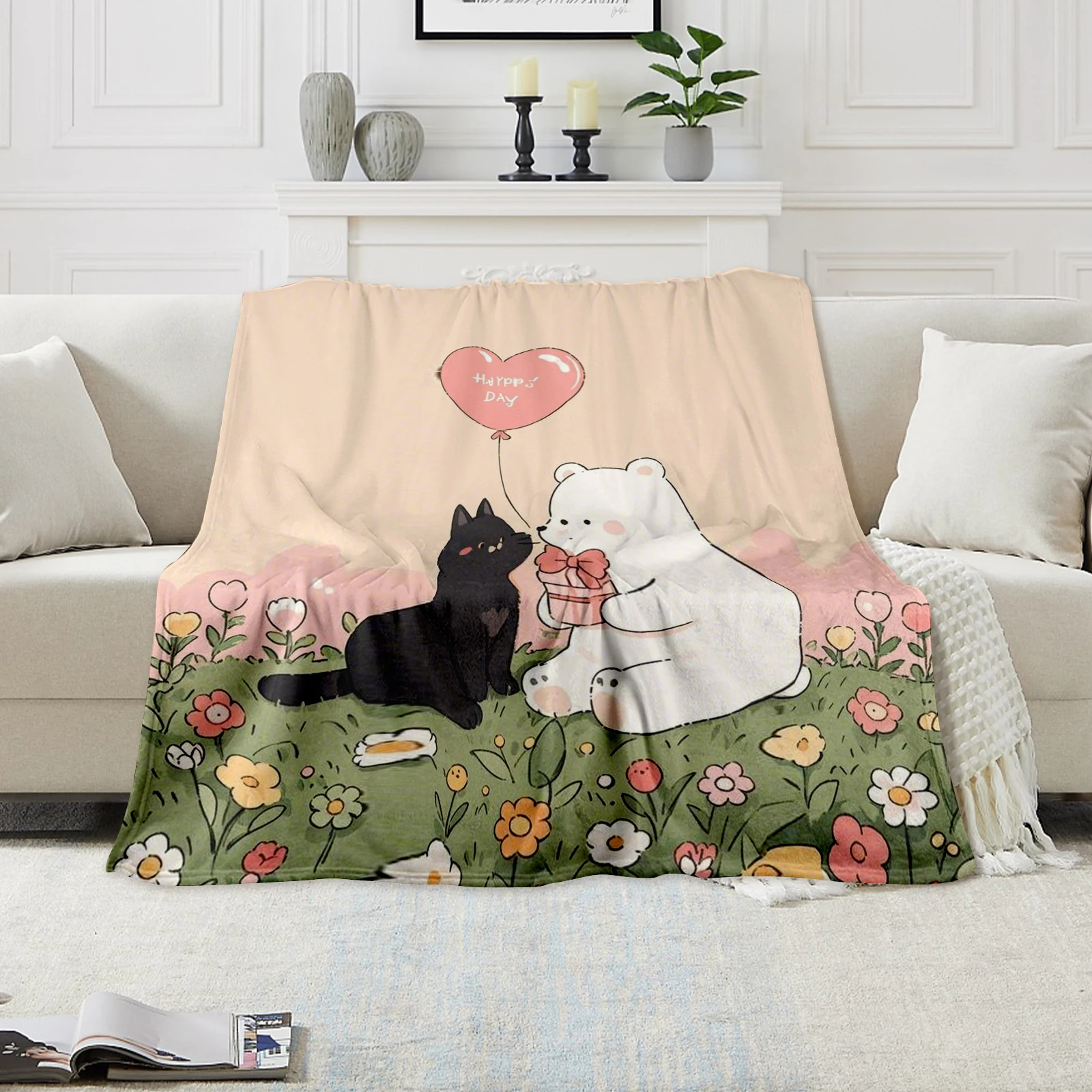 Thoughtful Mothers Day Gift Flannel Blanket Featuring Adorable Cartoon Animals And Hearts With Sweet Wishes