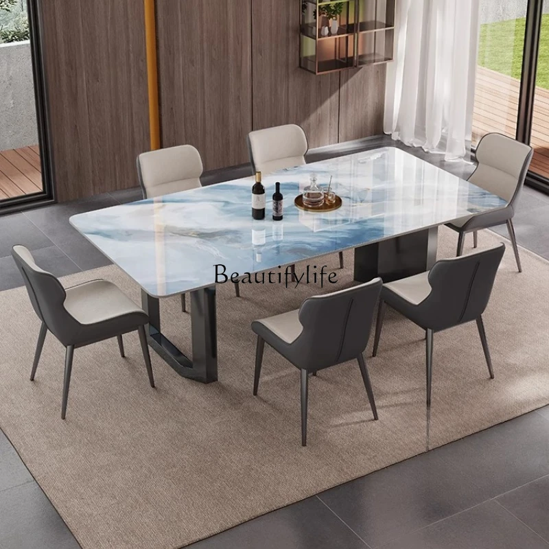 

Luxury stone rock slab dining table and chair combination villa guest restaurant high-end atmosphere Italian simplicity
