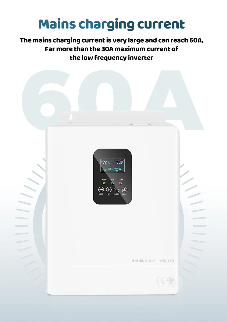 A 7.2kw hybrid solar inverter with RGB light automatically activated by a built-in lithium battery for different operating modes