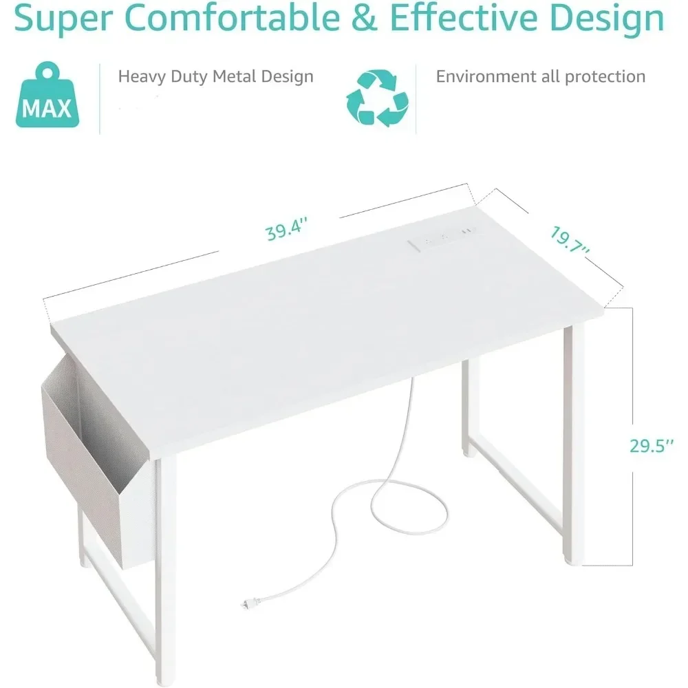 مكتب كمبيوتر أبيض مقاس 39 بوصة مع مخرج طاقة، طاولة دراسة للمراهقين مقاس 40 بوصة، مكاتب كتابة للعمل في المكتب المنزلي مع محطة شحن