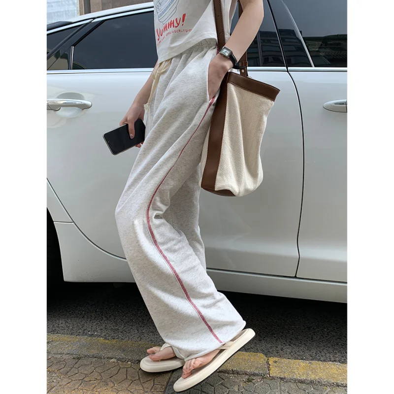 

Women Grey Cargo Pants Stripe American Vintage Fashion Straight Wide Leg Pants High Street 2023 Female Summer Mopping Trouser