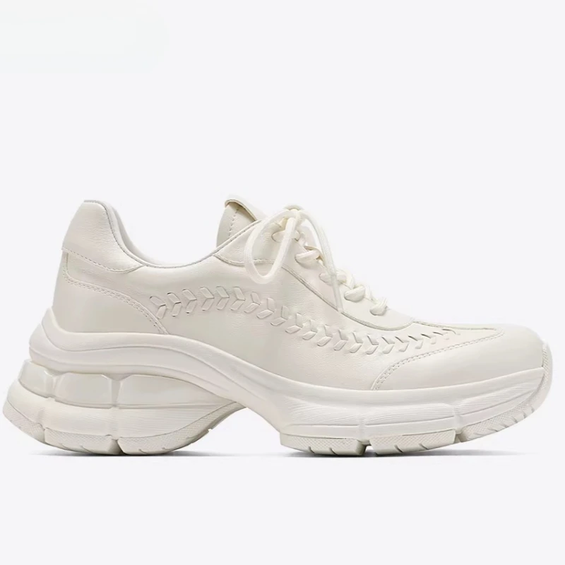 White Shoes for Women's Thick Soled Casual Sneakers Genuine Leather Hand Knitting Comfortable Breathable Height-increasing Shoes