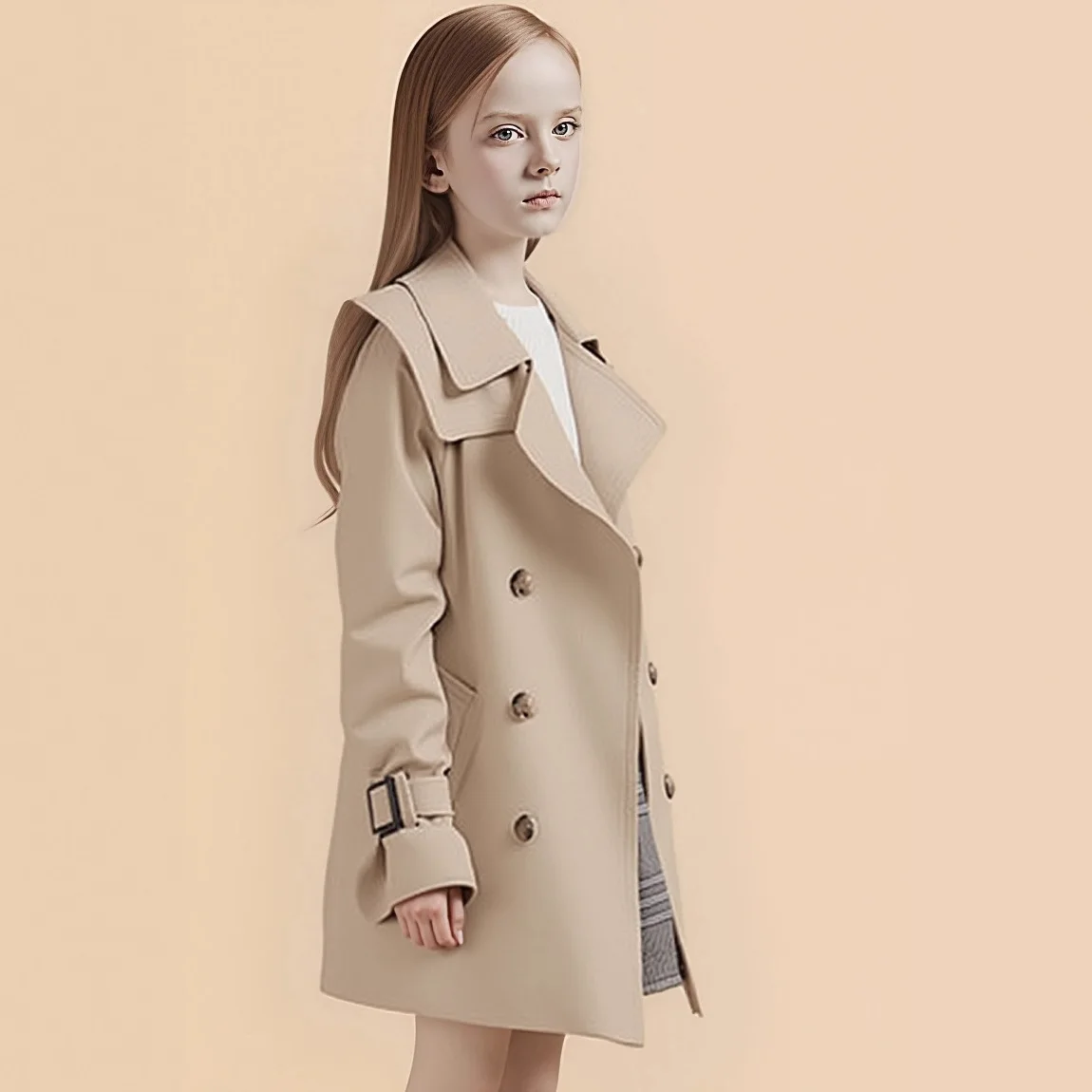 

autumn teenager girls Double-breasted Collar trench coat Khaki Black junior kids Mid-length Outerwear jacket 3-14 child clothes