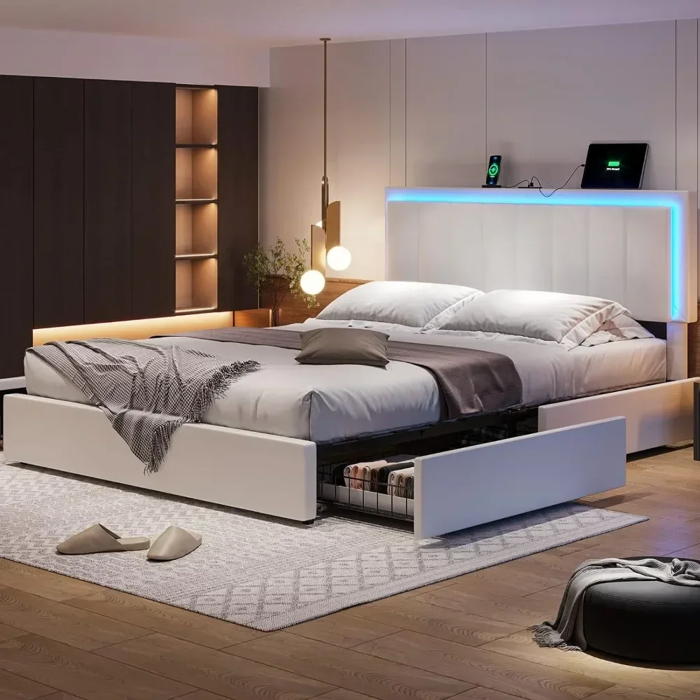 

LED Queen Size Bed Frame with 4 Storage Drawers& Charging Station, Artificial Leather Upholstered Bed with Adjustable Headboard