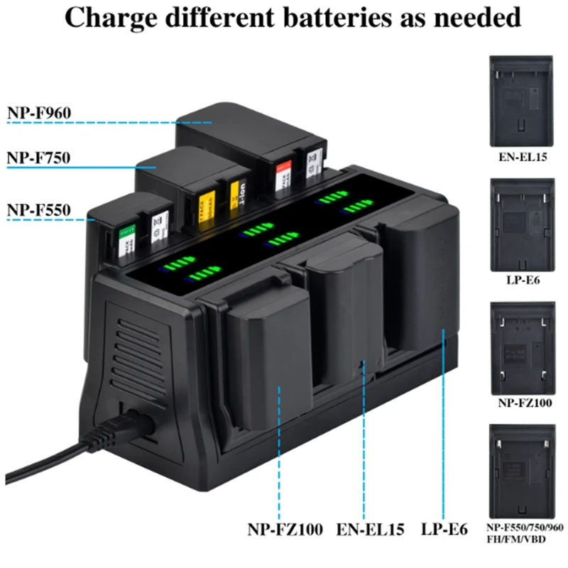 Fast Charger For NP-F970,NP-F960,NP-F750,NP-F550,NP-FZ100,LP-E6,EN-EL15,6-Channel Charger With Changeable Plate EU PLUG