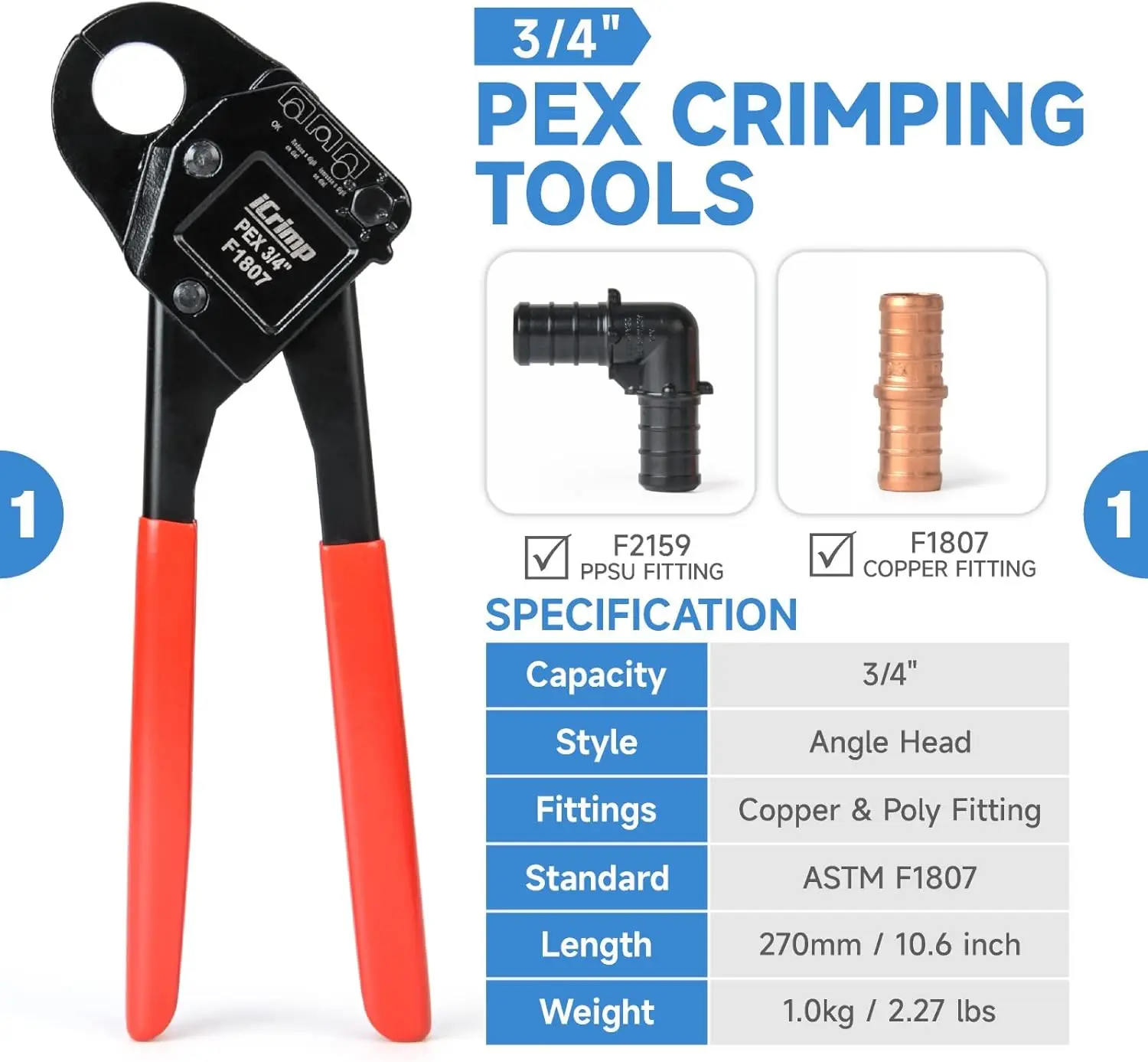 Professional PEX Crimping Tool Kit with Cutter & Ring Remover for 1/2'' & 3/4'' Copper Rings, Meets ASTM F1807 Standard