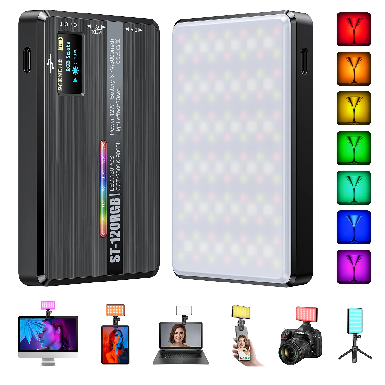 ST-120 RGB LED Camera Light Full Color Output Video Lamp Kit Dimmable 2500K-9000K Bi-Color Panel Light