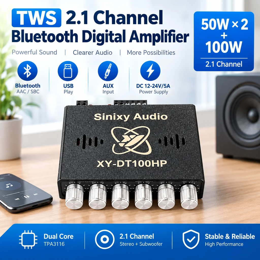 XY-DT100HP Dual Core TPA3116 Amplifier Module TWS 2.1 Channel 50W*2+100W Six Knob Tone Control DC12-24V Audio Board
