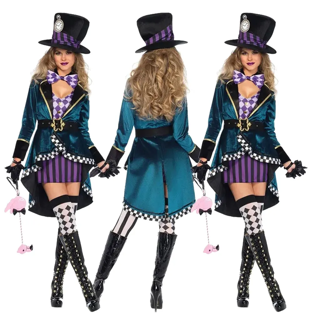 

Halloween Carnival Alice In Wonderland Clock Mad Hatter Cosplay Costume Sexy Adult Women Magic Show Tuxedo Fancy Dress