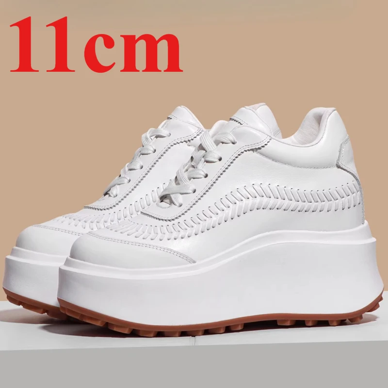White Shoes for Women's 13cm Outdoor Elevator Shoes Comfortable Breathable Genuine Leather Thick-soled Height Increasing Shoes