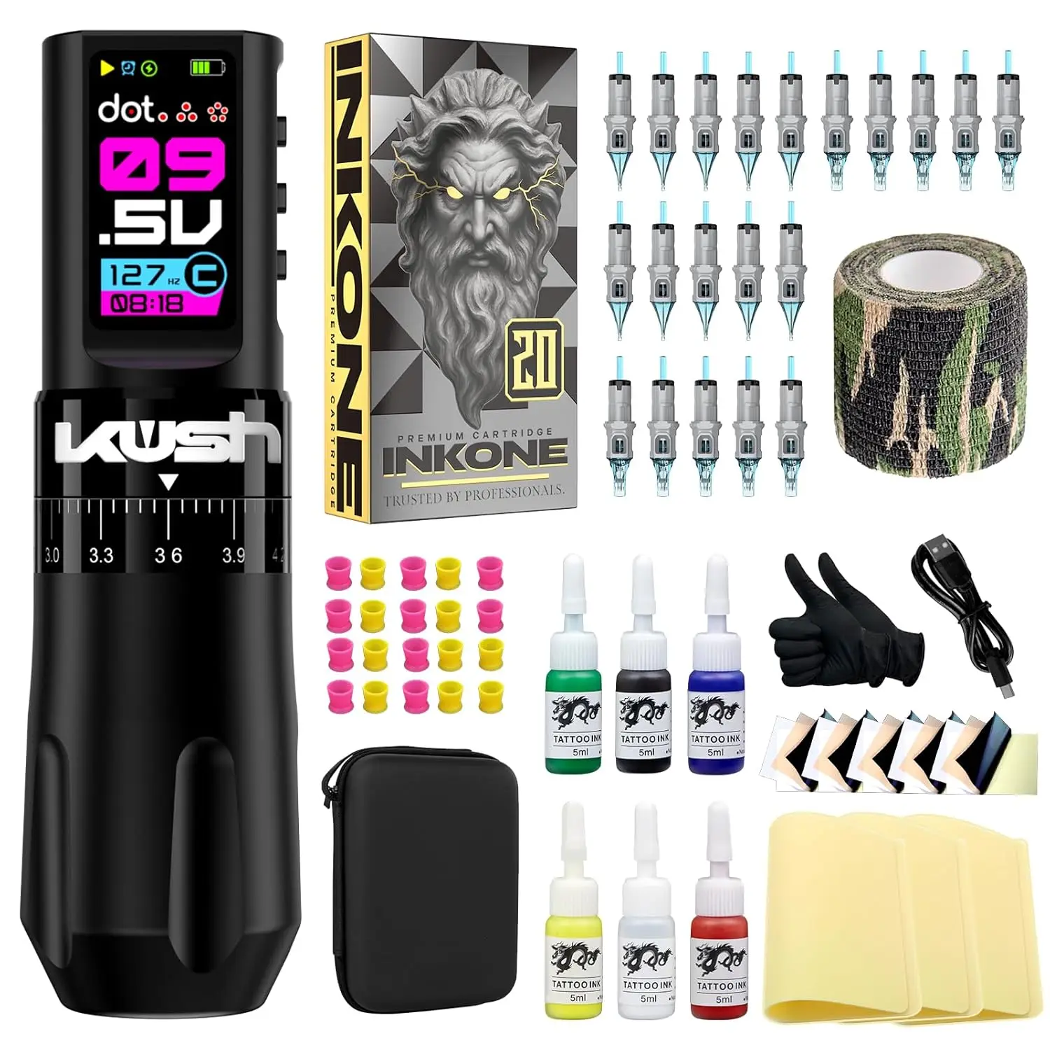 

Professional Tattoo Gun Kit with Wireless Battery, 7 Stroke Lengths, LED Display for Lining and Shading