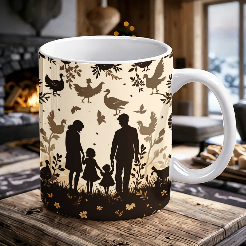 

Trendy All-Over Print Family Silhouette & Birds Ceramic Coffee Mug, Foliage&Florals Novelty Tea Cup, Home Decor & Daily Home Use