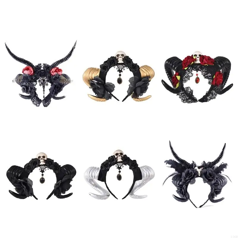 

D5QB Goth Devil Sheep Horn Headband with Flower Decor Cosplay Taking Photo Prop