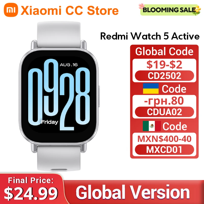 Wersja globalna Xiaomi Redmi Watch 5 Active Do 18 dni pracy na baterii Wyświetlacz 2'' 140+ trybów treningów Połączenie Bluetooth 5ATM