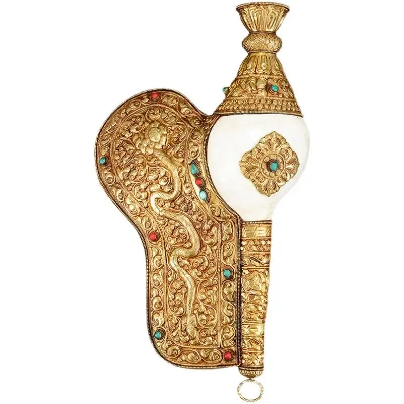 Fully gilt-clad copper conch hand-inlaid gemstone handicraft can be played ornament