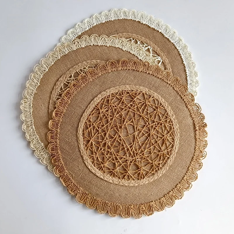 4pcs Placemat 15 Inch Rustic Hollow Woven Lace Mat Natural Tone Decor Pad For Afternoon Tea Cup And Plate Arrangement