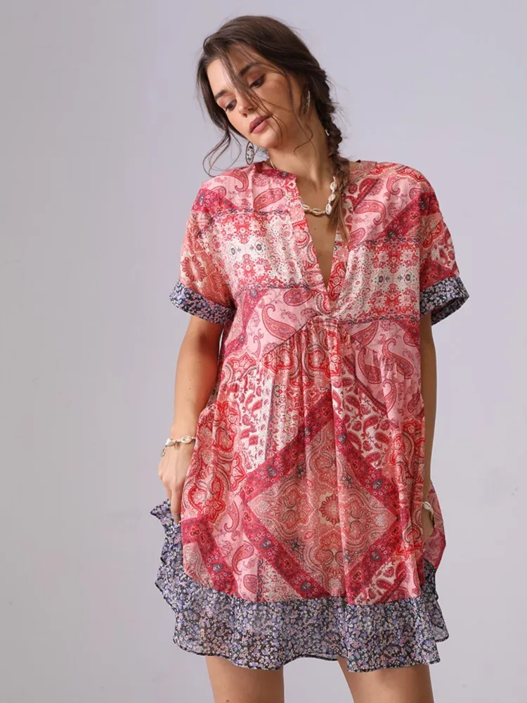 Sukienki mini z krótkim rękawem i dekoltem w serek na lato 2025, luźne, w stylu boho, codzienne, na plażę, wakacyjne, retro, patchworkowe, z kontrastowym nadrukiem, damskie.