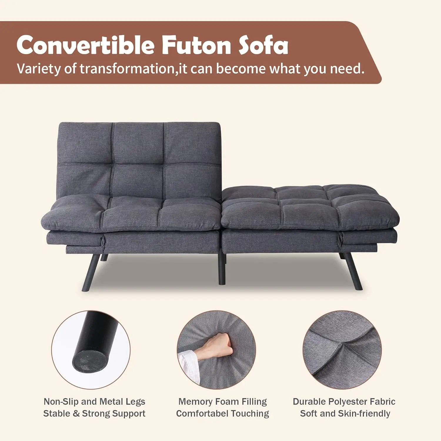 Hcore Bed Futon Couch Armrests Small Sofa Bed Standard Grey Compact Sleeper Furniture Elegant Design