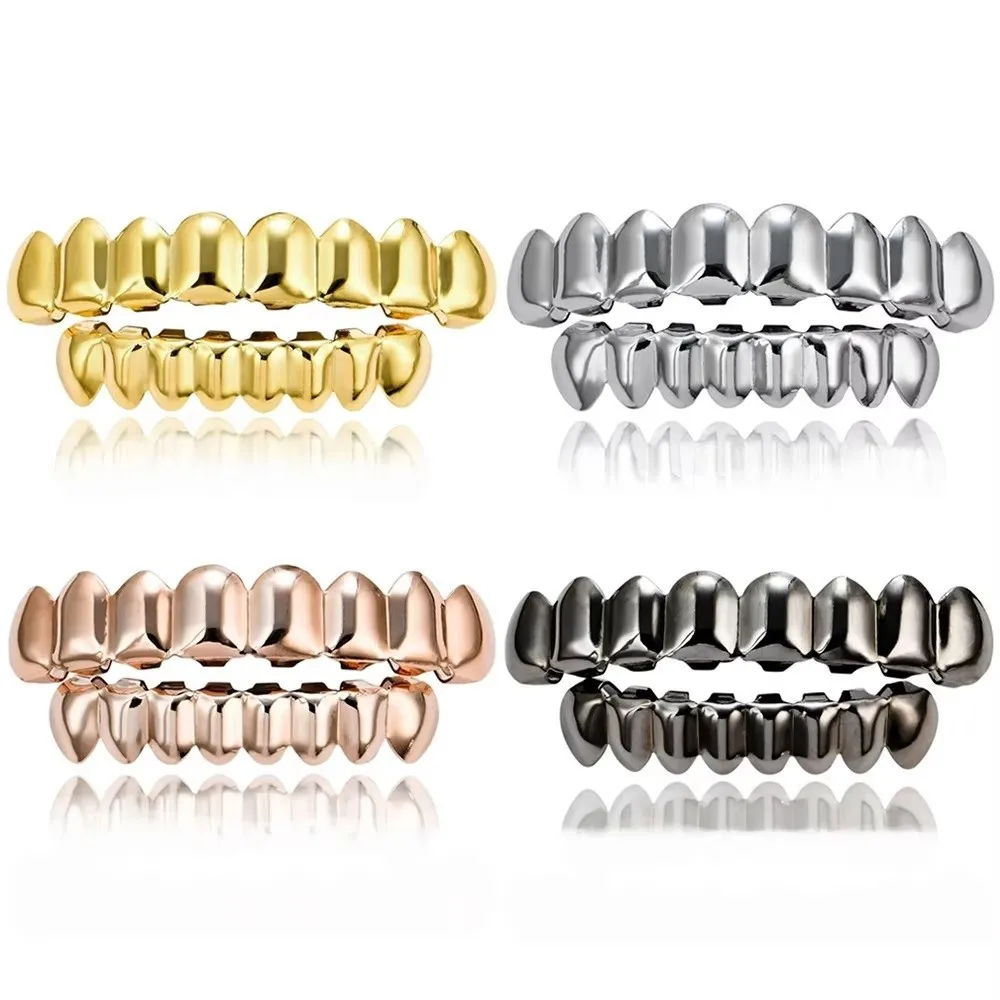 Glossy Finish Teeth Grillz Top Bottom Set Anti Slip Eco-friendly Copper Teeth Grillz Caps Shiny Silver Teeth Jewelry Halloween
