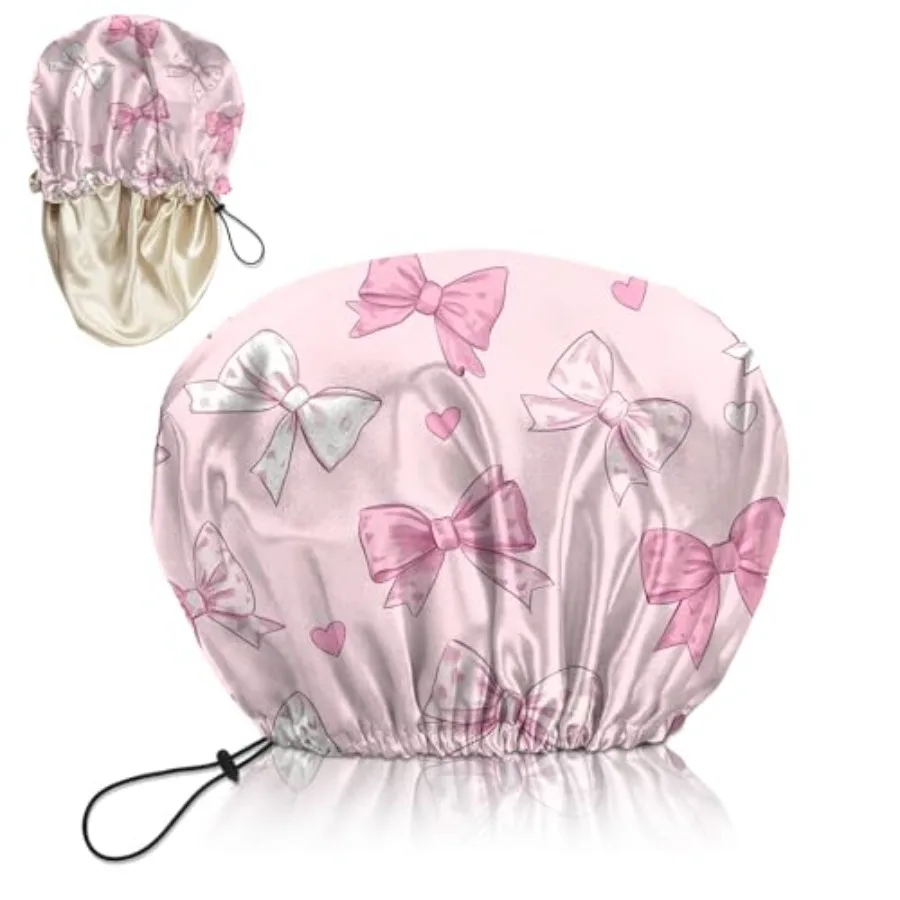 

Luxury Shower Cap Silk Satin Lined Waterproof Reusable Adjustable Elastic Dry Hair Bathing Caps Cute for Women Girls-Pink Bowkn