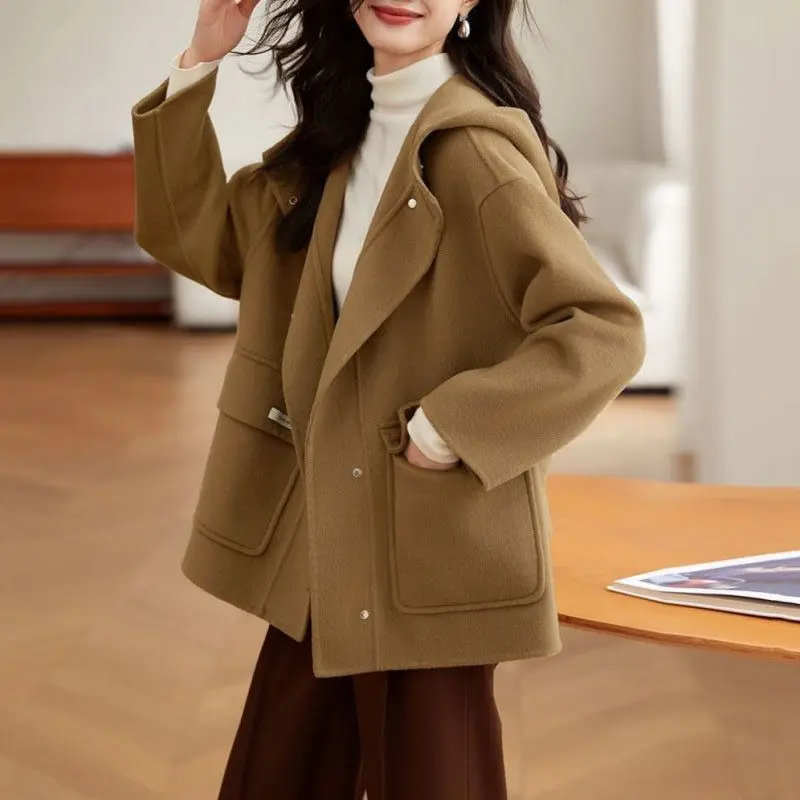 

Women Winter Woolen Short Coat Korean Hooded Solid Color Single Breasted Loose Jackets Fashion Overcoats Female Clothing 2024