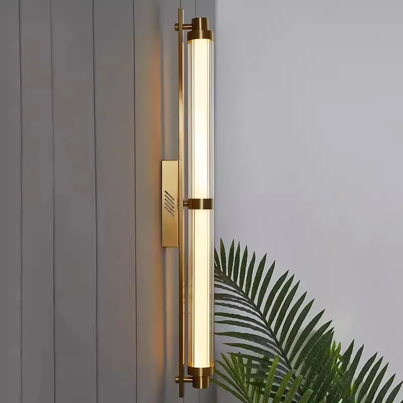 

Postmodern Long Tube Wall Lamps Glass Lampshade Living Room Homestay Bedroom Restaurant Kitchen LED Dimmable Copper Base Sconces