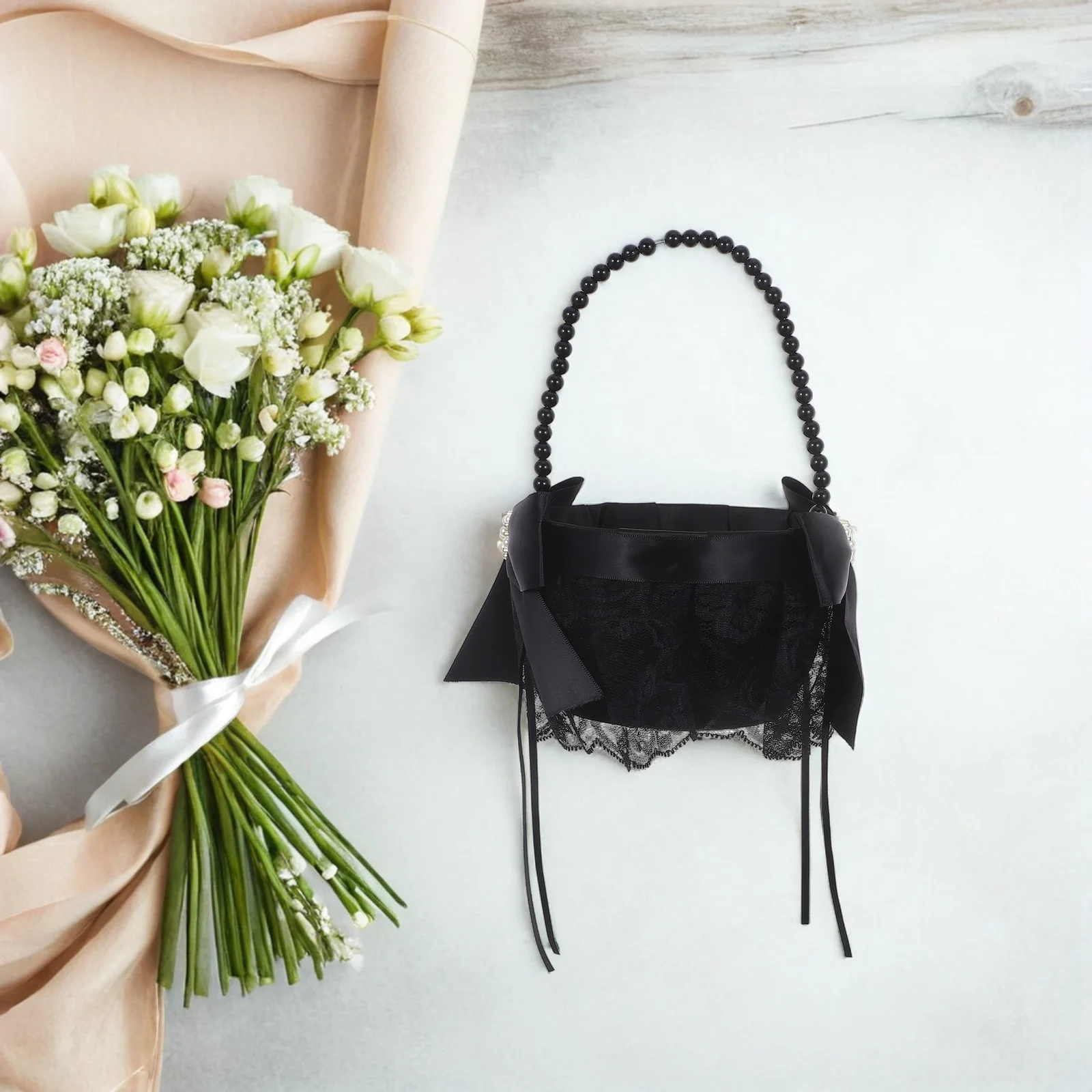 

Elegant Wedding Flower Basket For Flower Girl With Handle Black Ceremony Supplies Bridal Accessories Storage Baskets Wedding